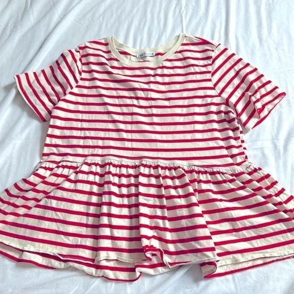 Zara Womens Crew Neck T Shirt Top Peplum  Short Sleeve Striped Red White SZ M - Picture 1 of 4